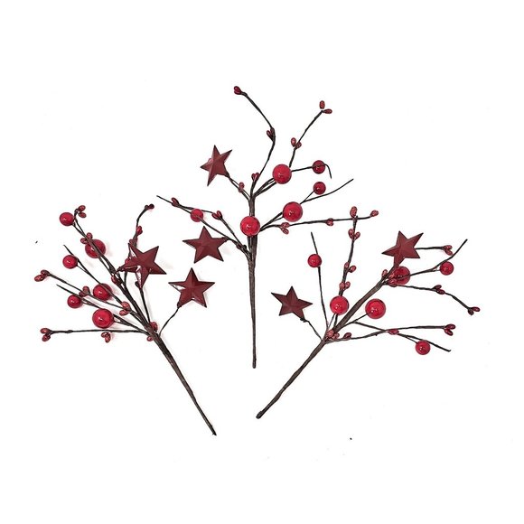 Other - Red Star and Berry Floral 10" Picks, Vase Fill (Set of 3)